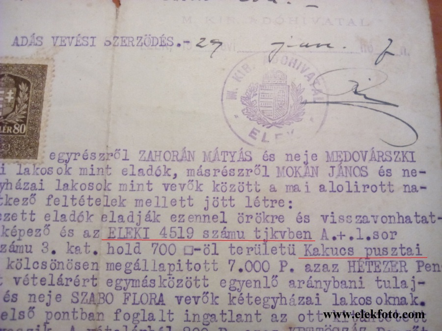 Adás vételi szerződés Kakucs pusztai területről. 1929.